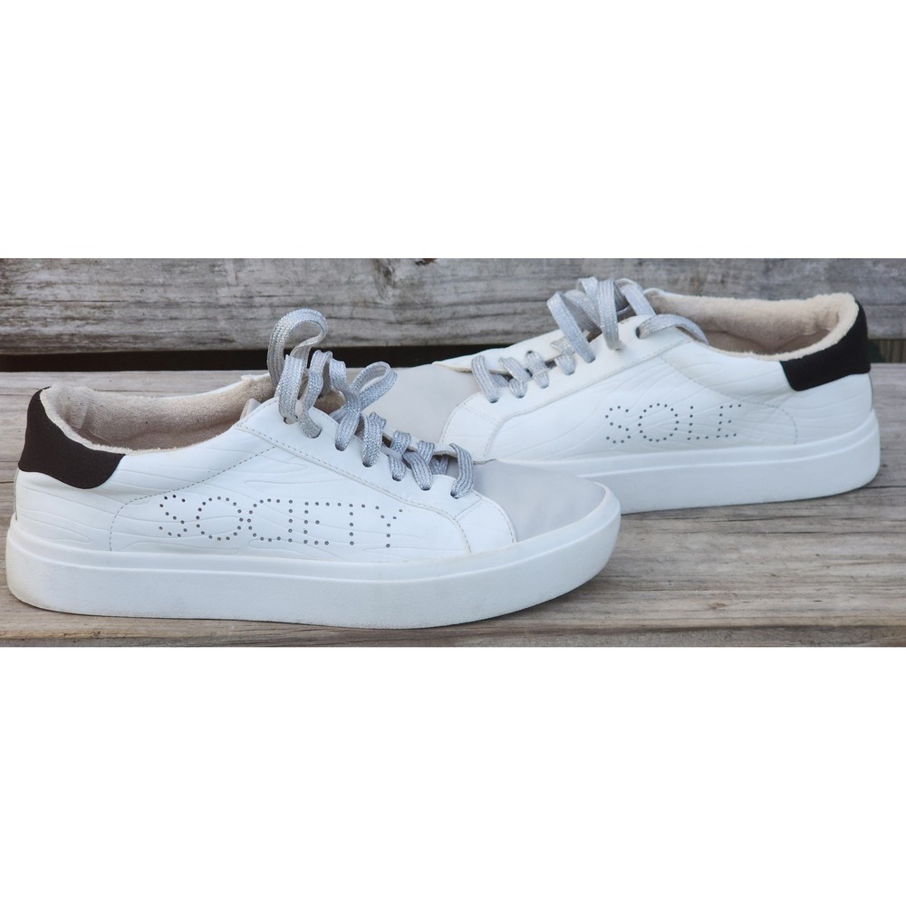 Sole Society Womens 8.5 White Leather Platform Sneakers Glitter Fuzzy Lined